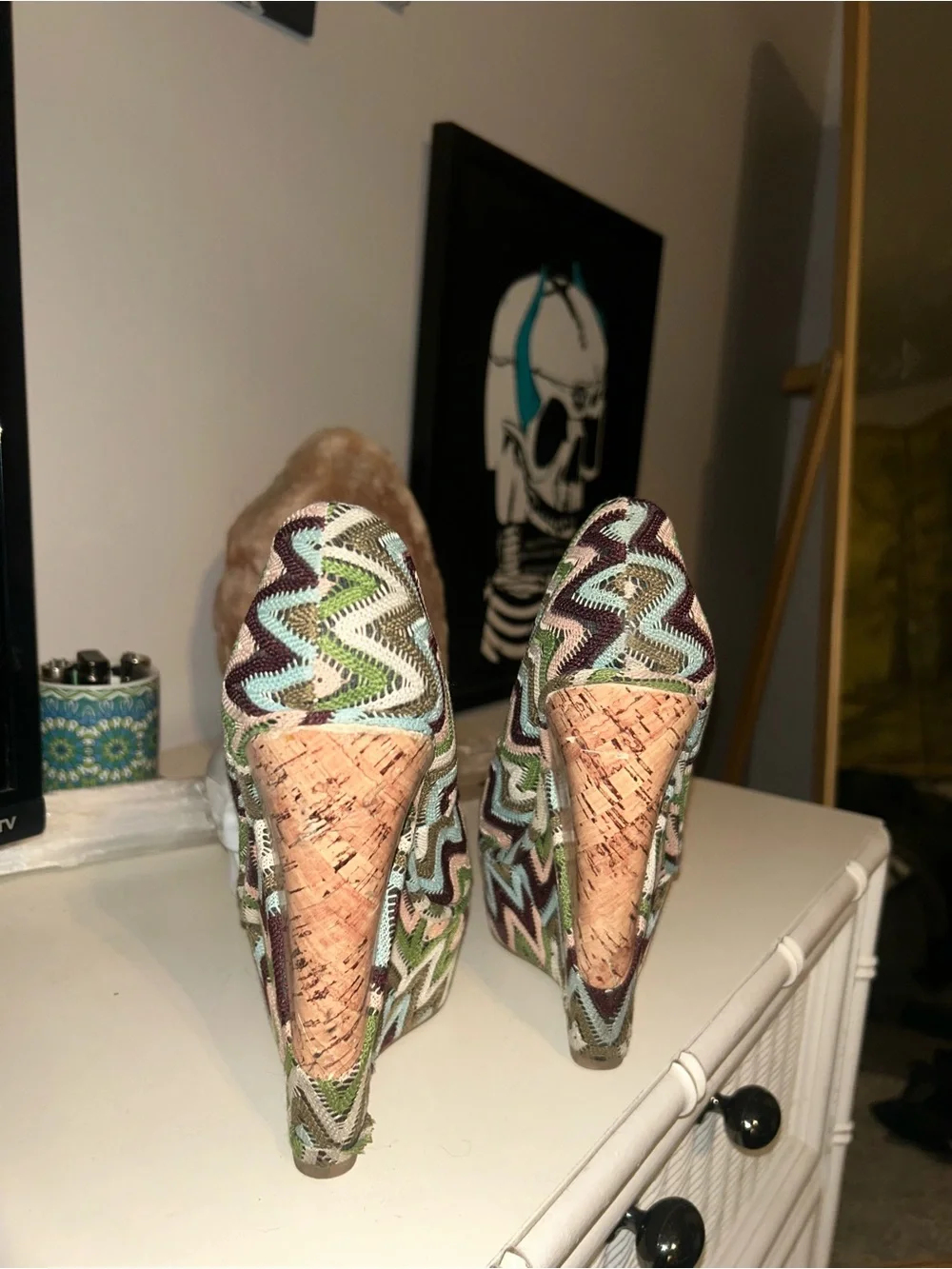 Woven Chevron Pattern Green Multi Platform Wedges